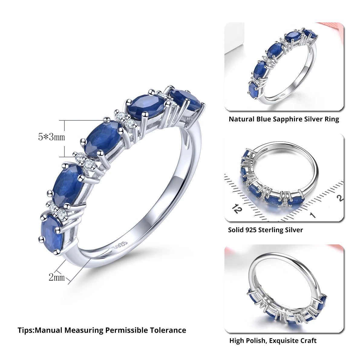 Natural Blue Sapphrie Sterling Silver Rings 1.2 Carats Genuine Precious Gemstone Women Classic Anniversary S925 Fine Jewelry