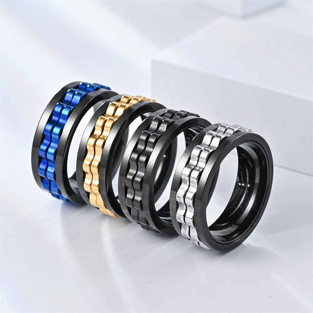 Stainless Steel Ring For Men Gear Chain Rotating Spinning Fidget Rings Punk Jewelry Size 6-13