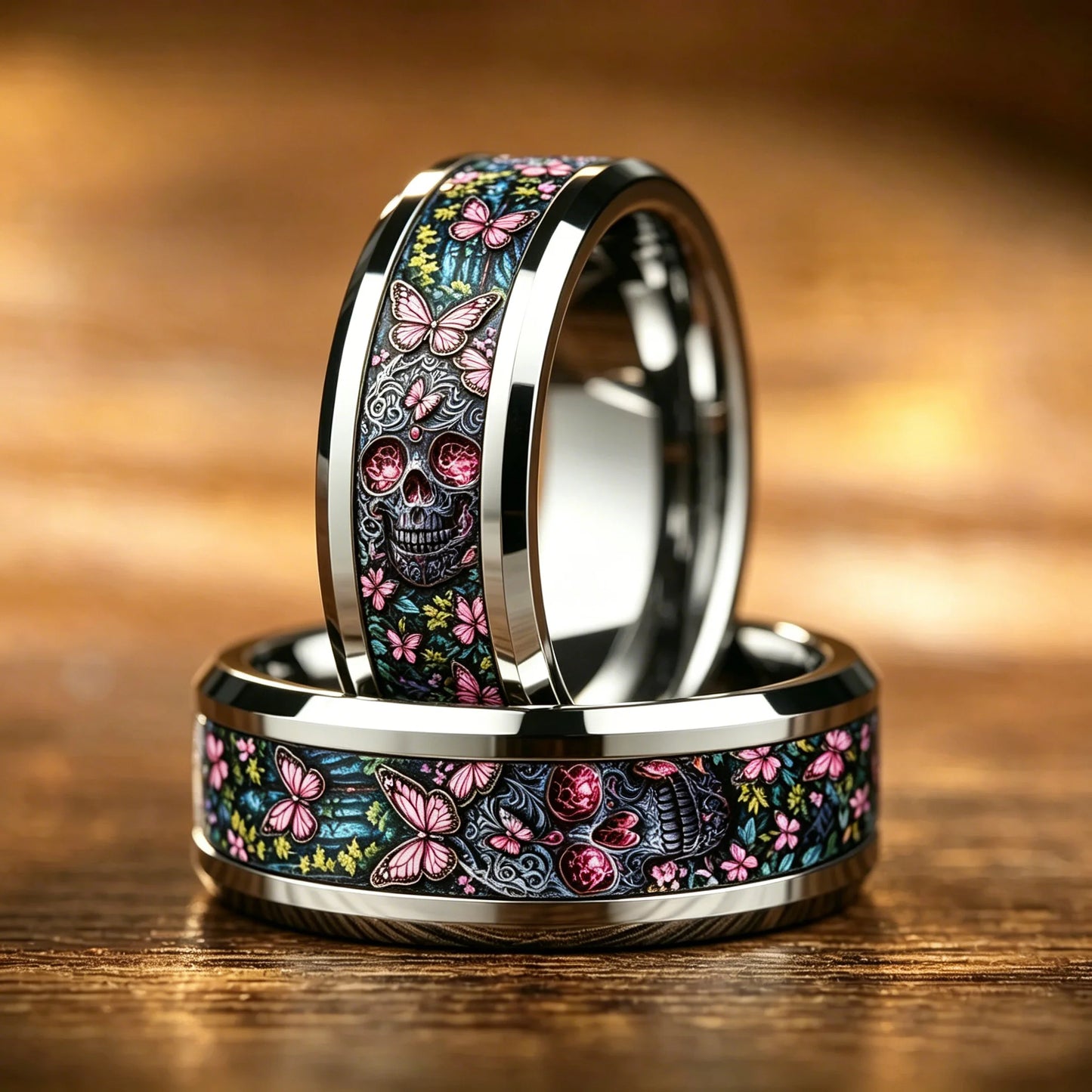 Vintage Gothic Punk Sugar Skull Pink Butterfly Dark Forest Floral Stainless Steel Ring Halloween Aesthetic Wedding Band Jewelry