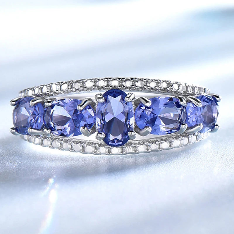 TFGLBU Sparking Blue Oval Nano Tanzanite Solid 925 Silver Ring for Women Original Party Stackable Band Christmas Gift Jewelry