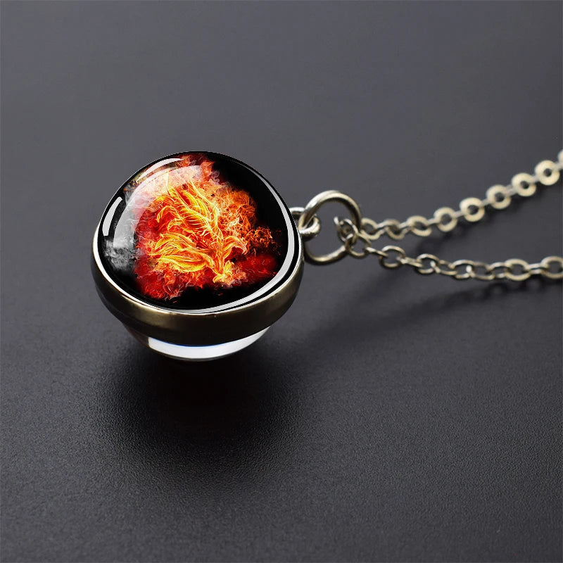 Ice and Fire Phoenix Yin Yang Aurora Necklaces Double Sided Glass Ball Pendant Fashion Chains Necklace Women Men Cool Jewelry