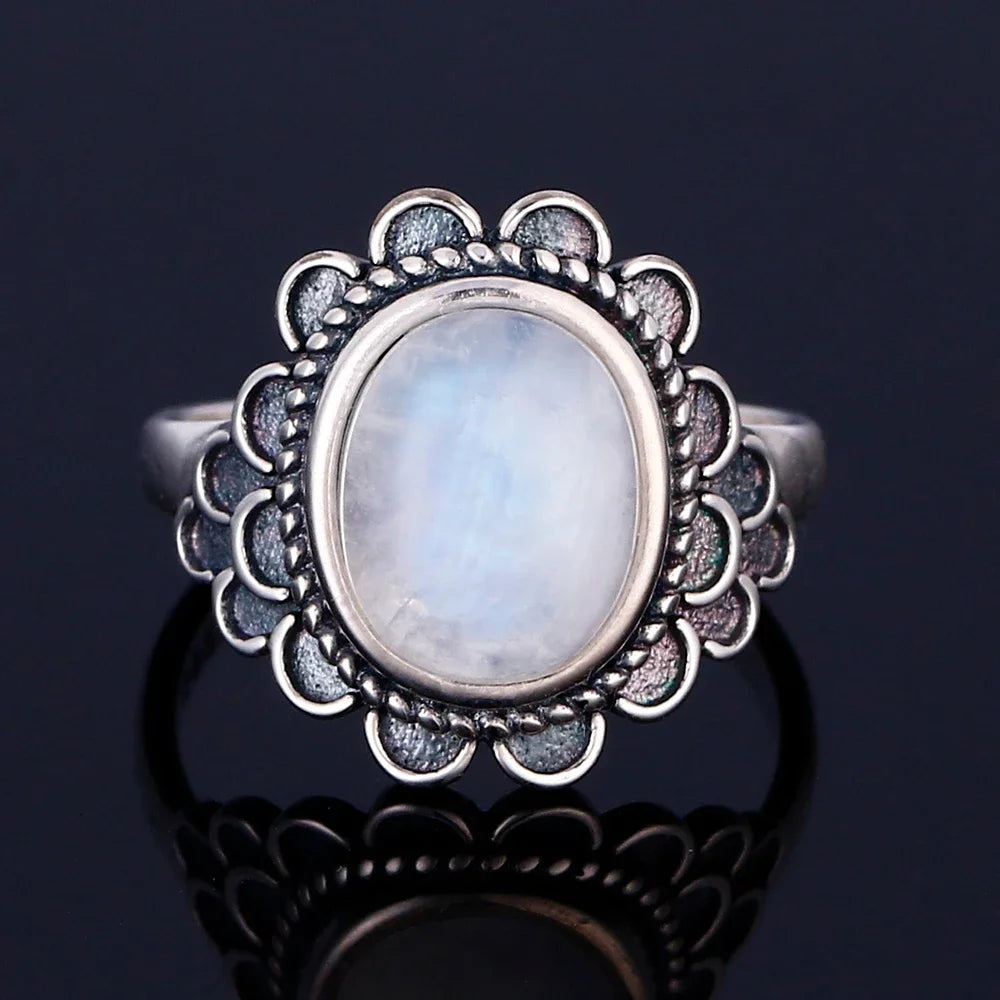 Round Oval Big Natural Moonstones Rings Women's 925 Sterling Silver Rings Gifts Vintage Fine Jewelry R529MS-5