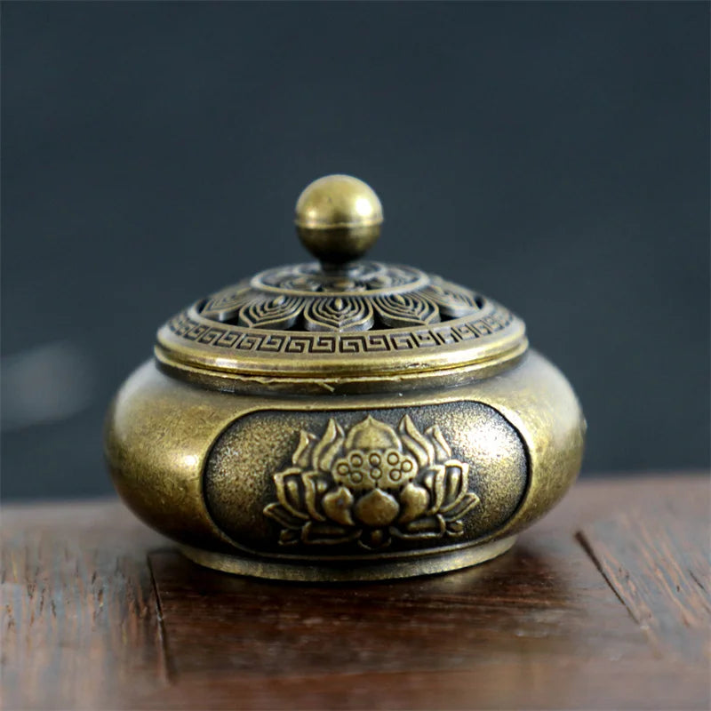 Retro Copper Lotus Pocket Hollow Out Incense Sticks Burner Brass Incense Holder With Cover Sandalwood Cense Buddhism Home Decor