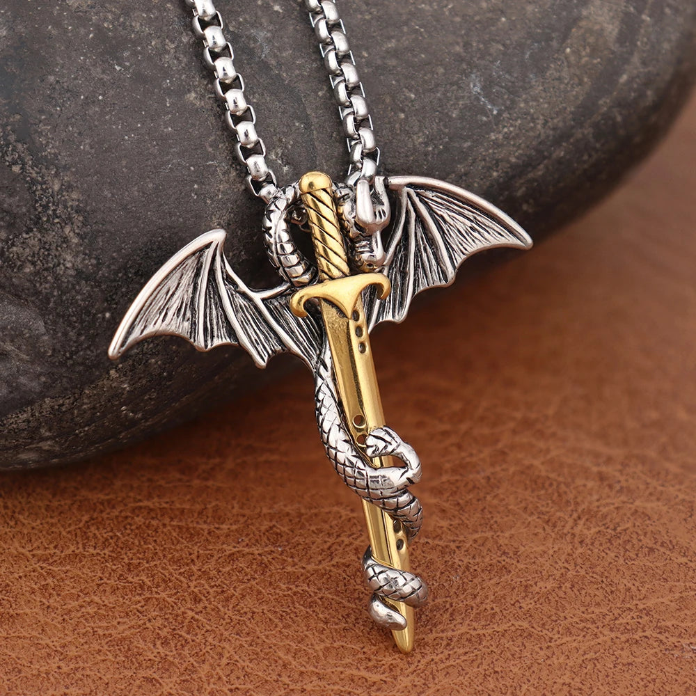 Vintage Stainless Steel Men's Dragon Necklace Fashion Steel Dragon Sword Chinese Pendant for Women Biker Jewelry Gift