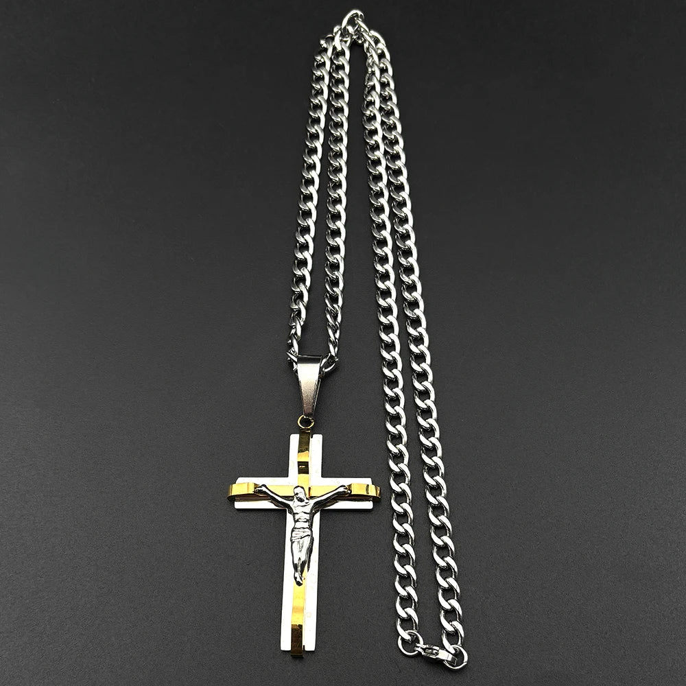 Jesus Cross Crucifix Pendant Necklace for Men Women Stainless Steel Gold Silver Color Punk Christian Chain Amulet Jewelry FS