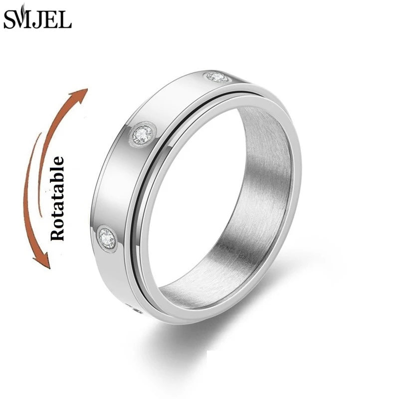Rose Gold Stainless Steel Anxiety Ring Women Men Fidgets Spinner Rings Engagement Bands Silver Color Fashion Jewelry 8/6mm
