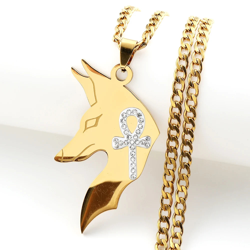 Anubis Egyptian Rhinestones Ankh Cross Symbol Stainless Steel Pendant Necklace for Women Men Gold Color Chain Necklaces Jewelry