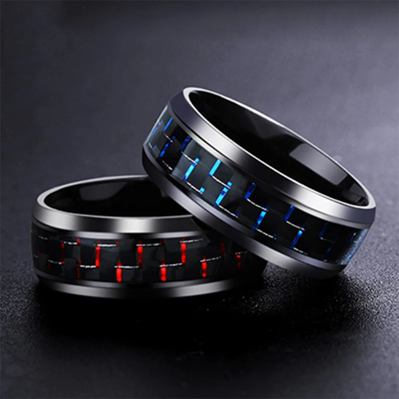 Fashion 8mm Black Stainless Steel Dragon Rings For Men Women Inlaid Blue Carbon Fiber Men Rings Punk Wedding Band Jewelry Gifts