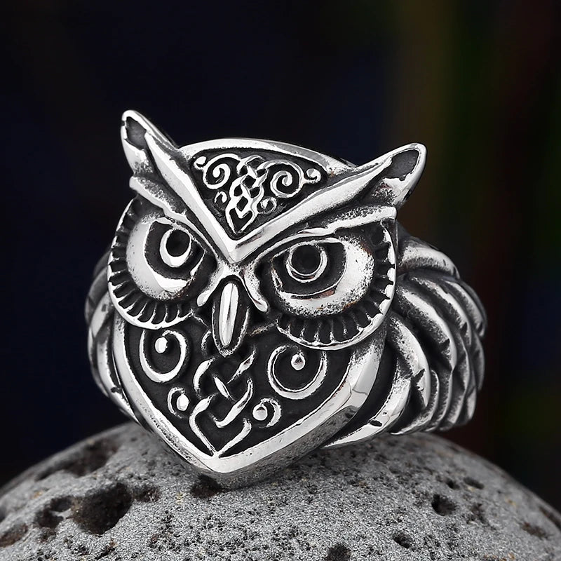 316L Stainless Steel Odin Norse Anel Amulet Owl Head Viking Animal Rings For Men Women Retro Jewelry Party Gift