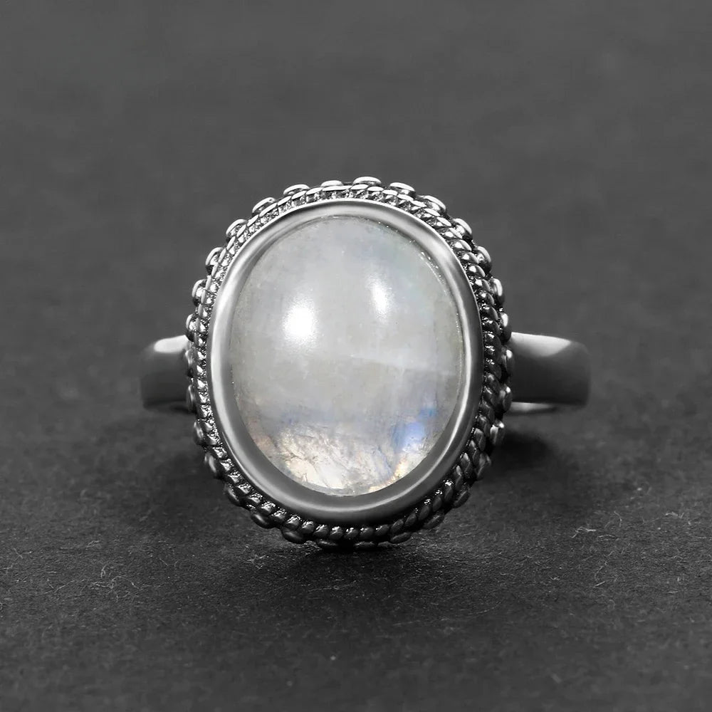 Round Oval Big Natural Moonstones Rings Women's 925 Sterling Silver Rings Gifts Vintage Fine Jewelry R550MS-5