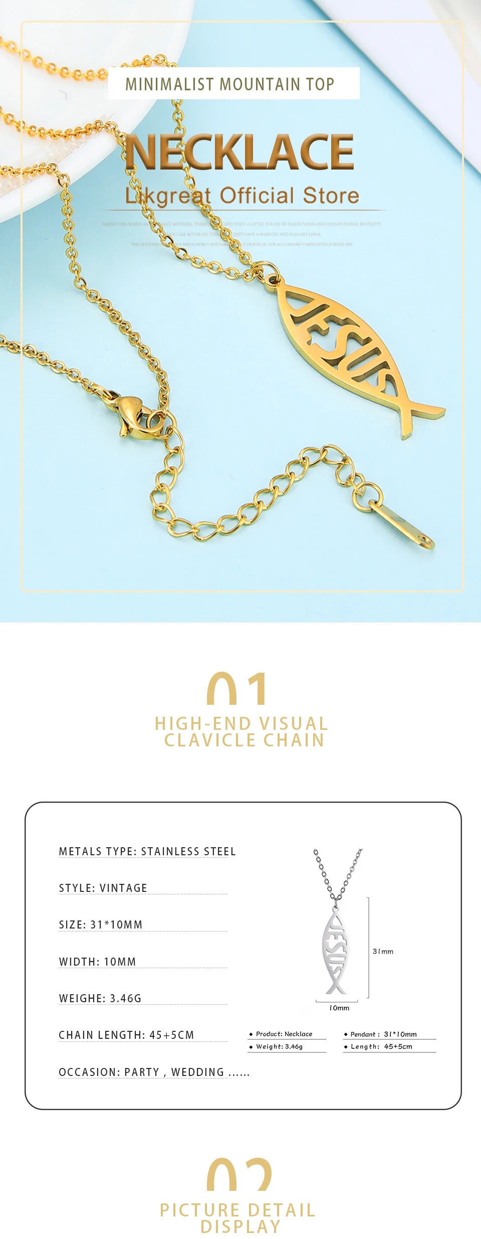 LIKGREAT Christian Jesus Fish Pendant Necklace for Women Stainless Steel Ichthys Faith Pray Choker Jewelry Valentine's Day Gifts