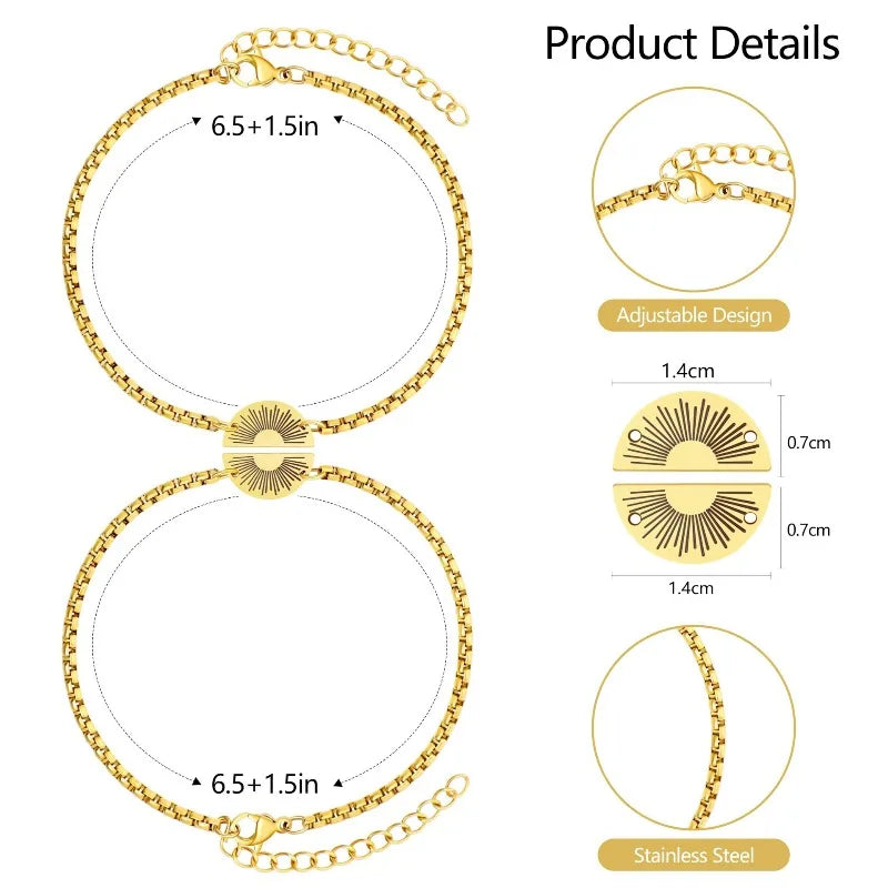 Stainless steel sun bracelet, round plaque, engraved gold chain, Christmas gift, birthday gift, couple gift