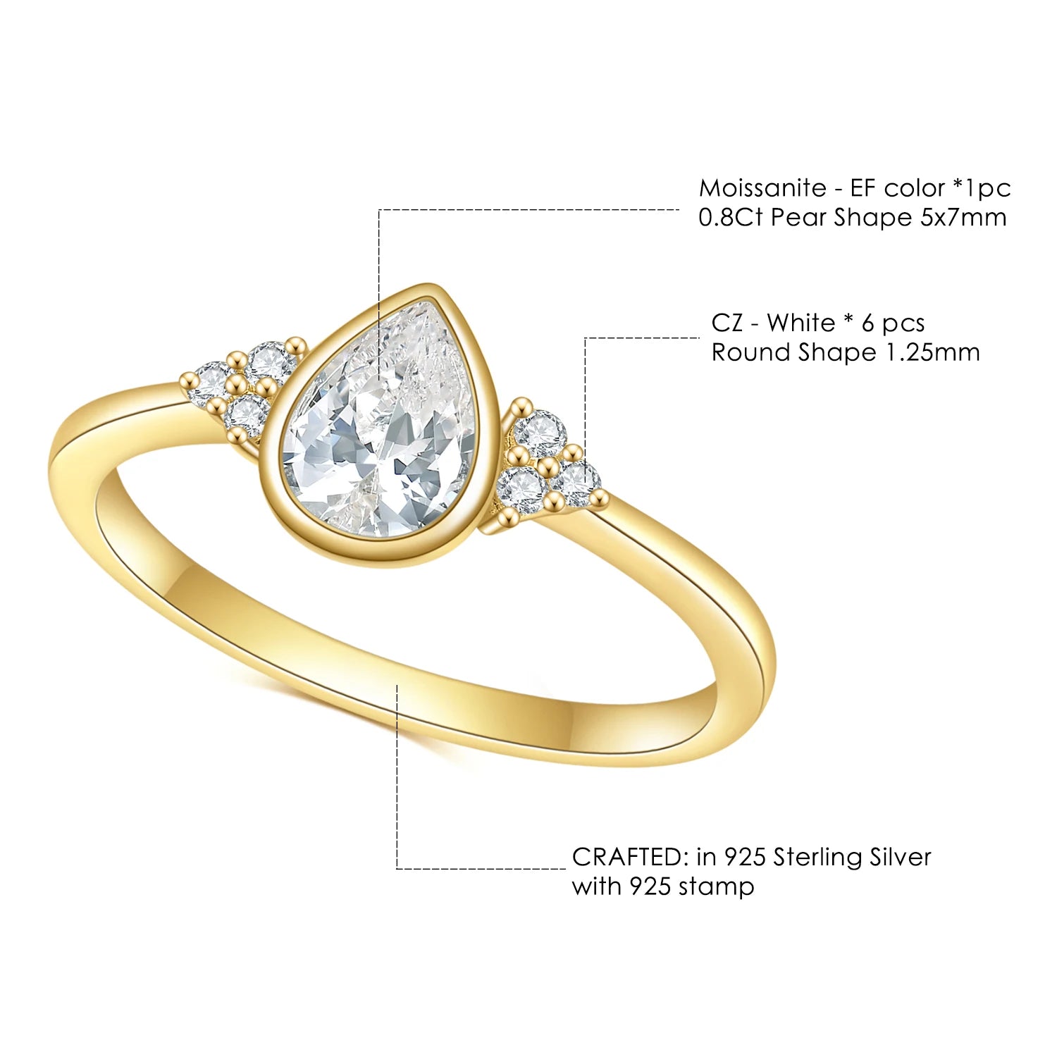GEM'S BALLET 0.8 Ct Pear Cut Moissanite Bezel Setting Engagement Rings 925 Sterling Silver Moissanite Promise Ring Gift For Her
