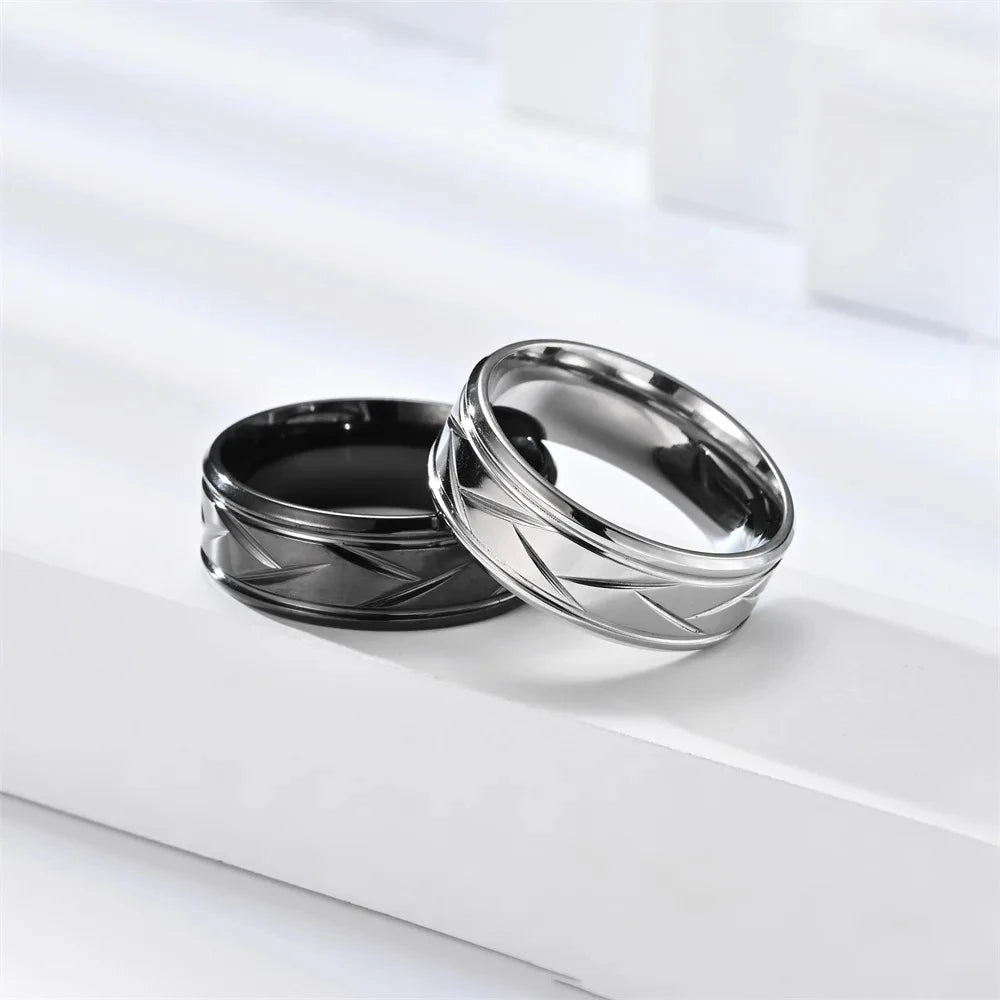 Fashion Men’s Silver Color Black Stainless Steel Ring Groove Multi-Faceted Rings for Men Women Engagement Ring Anniversary Gifts