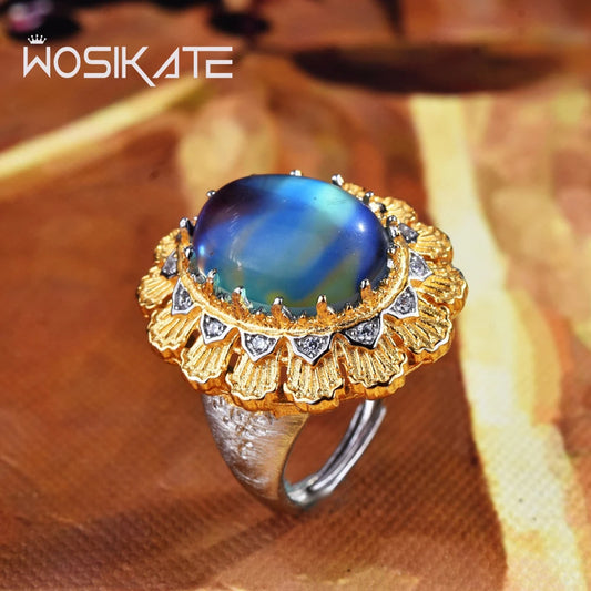 WOSIKATE Luxury Woven And Carved Gold Handmade Moonstone Ring For Women 925 silver Jewelry Adjustable Elegant Ladies Finger Ring