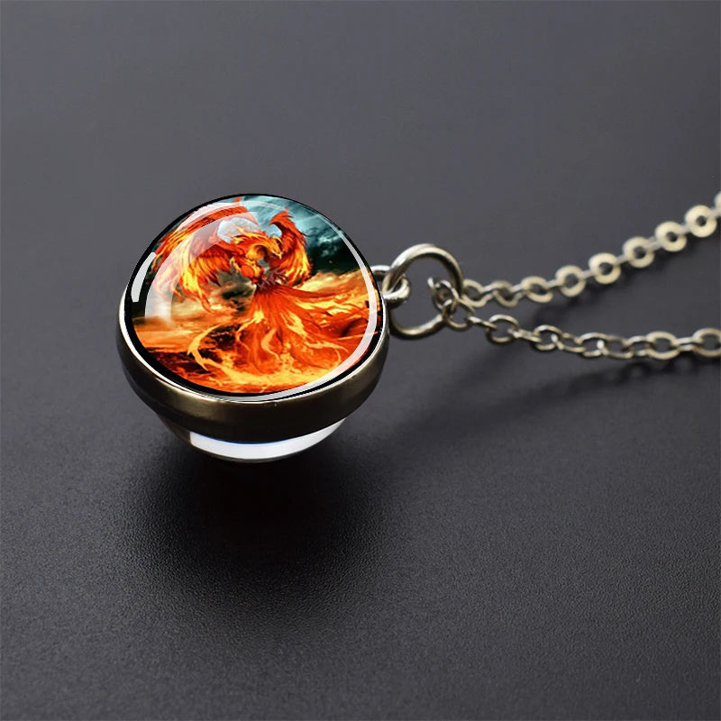 Ice and Fire Phoenix Yin Yang Aurora Necklaces Double Sided Glass Ball Pendant Fashion Chains Necklace Women Men Cool Jewelry