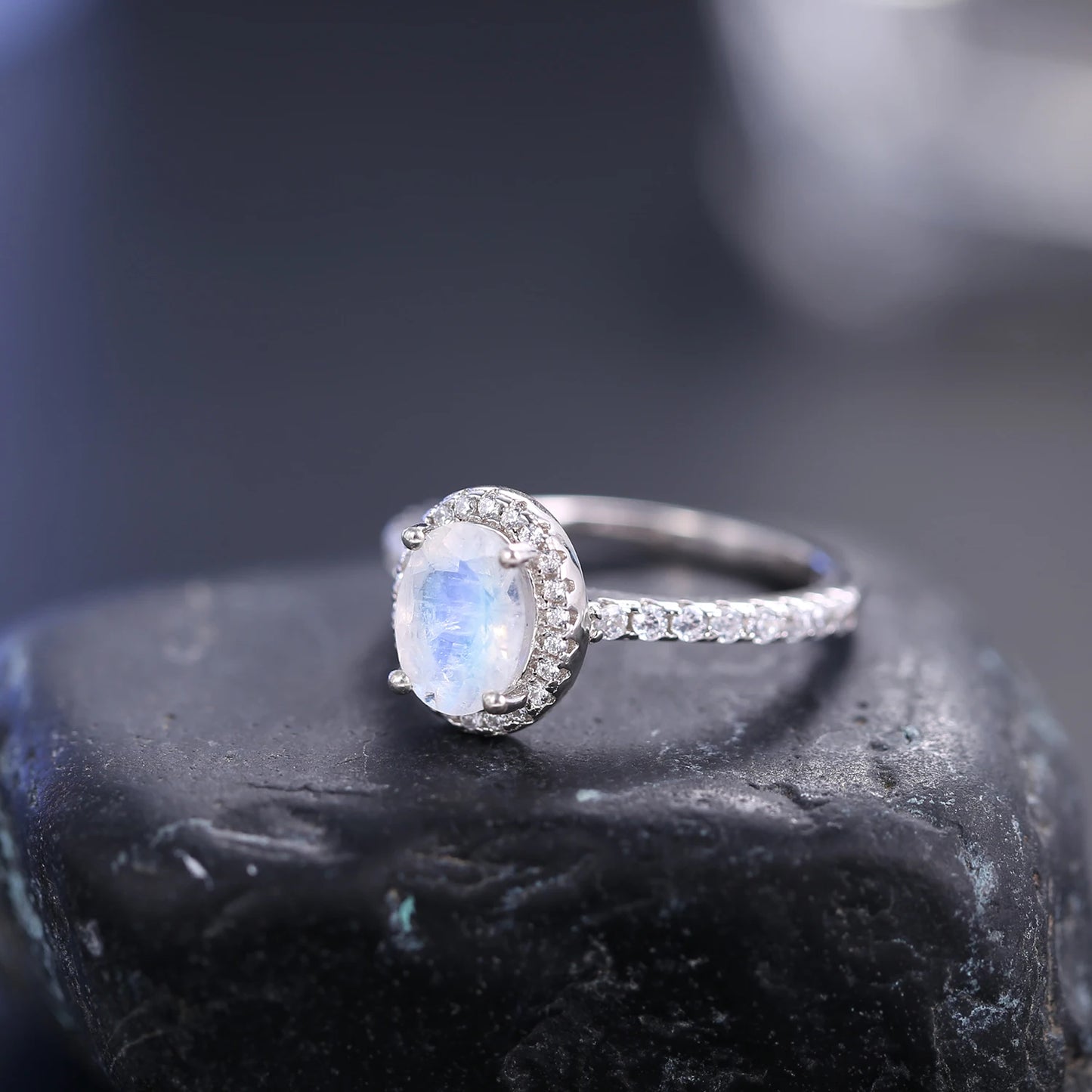 GEM'S BALLET June Birthstone Oval Milky Blue Moonstone Halo Engagement Ring in 925 Sterling Silver Dainty Promise Ring