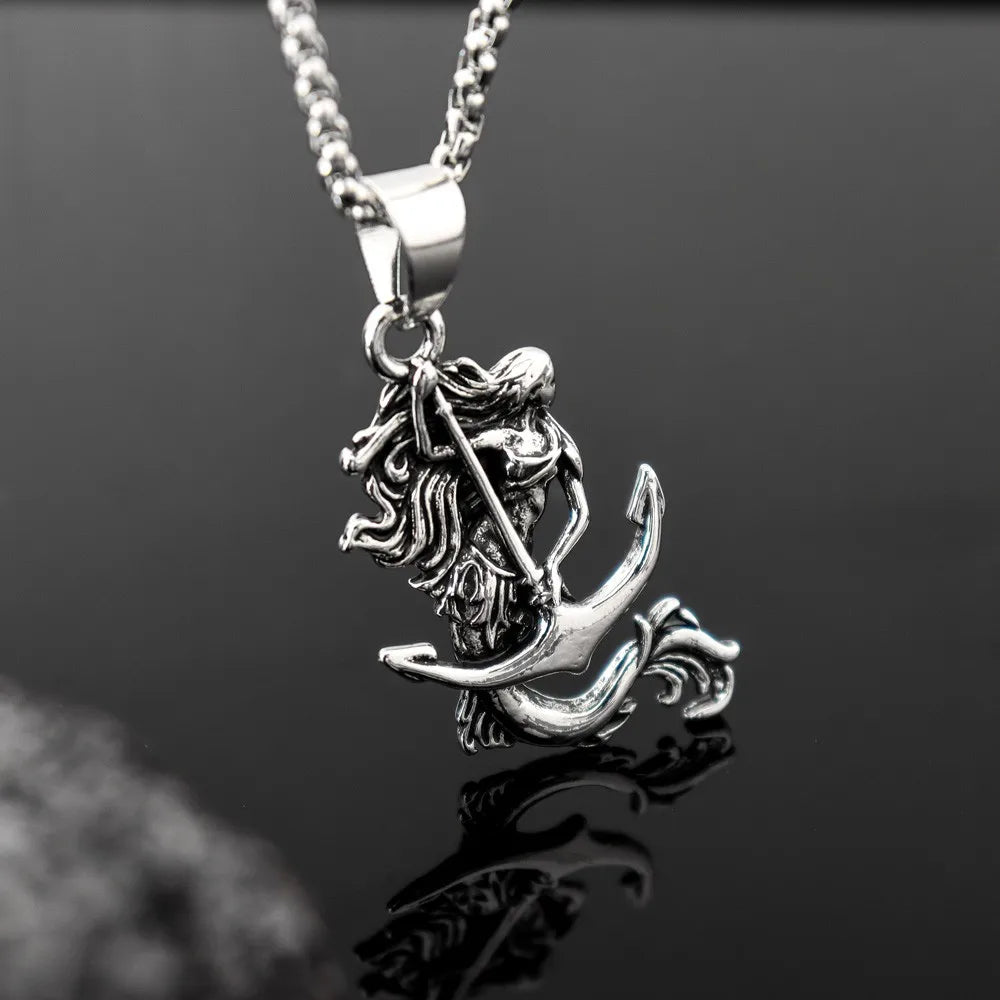 New Vintage Mermaid Anchor Pendant Charm Men's Necklace Fashion Hip Hop Punk Jewelry Accessories Party Gift Wholesale