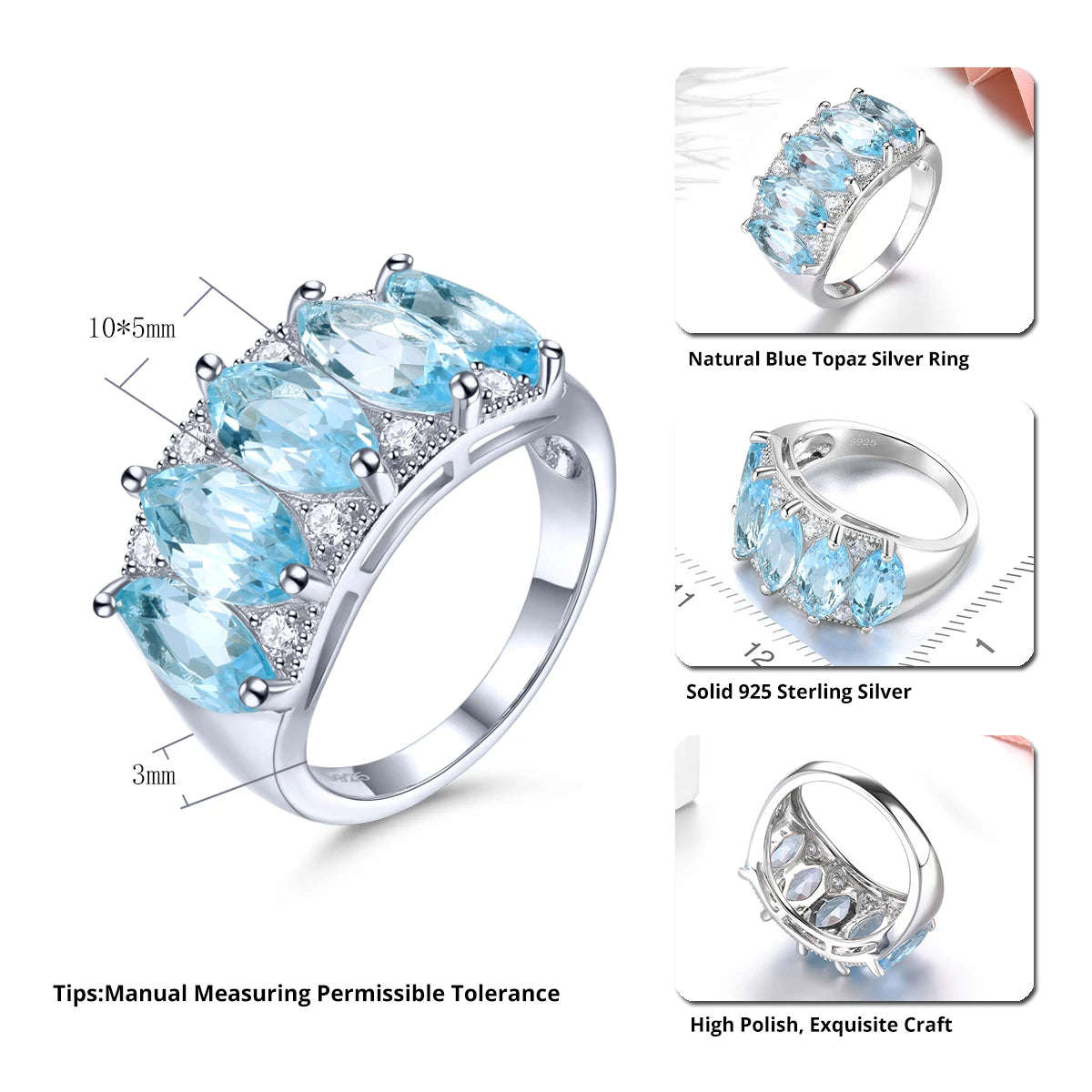 Natural Sky Blue Topaz Sterling Silver Rings 6.5 Carats Genuine Light Blue Gemstone Classic Fine Jewelry Style Women Birthday