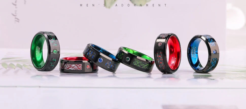 Fashion 8mm Men Stainless Steel Rings Inlaid Black Blue Red Carbon Fiber Rings For Men Wedding Engagement Party Jewelry Gifts