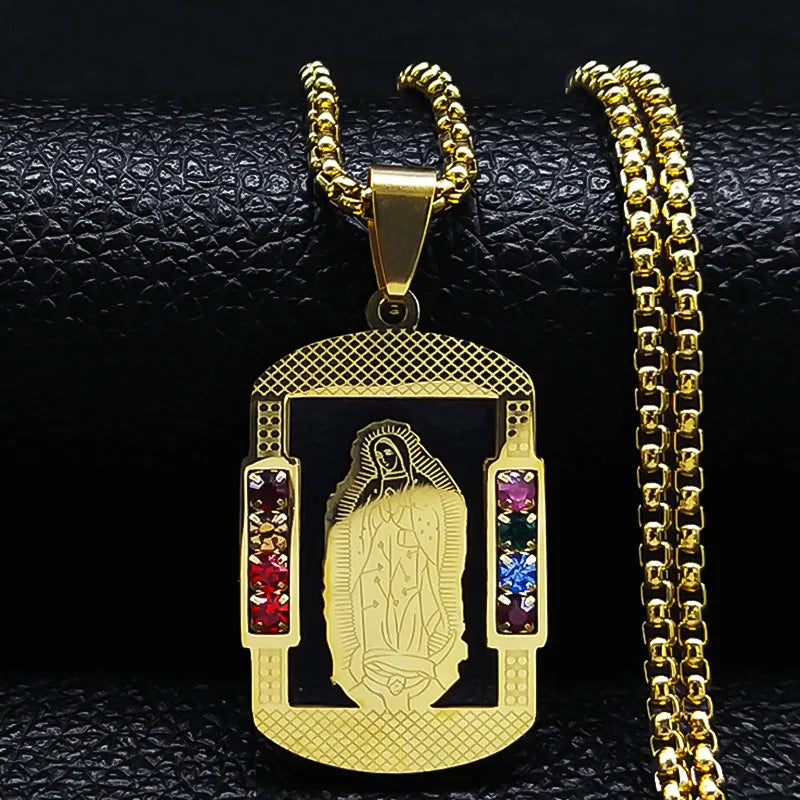 Catholic Jesus Cross Stainless Steel Necklace Saint Benedict Crystal Virgin Mary Pendant Crucifix Male Necklaces Jewelry Cruz