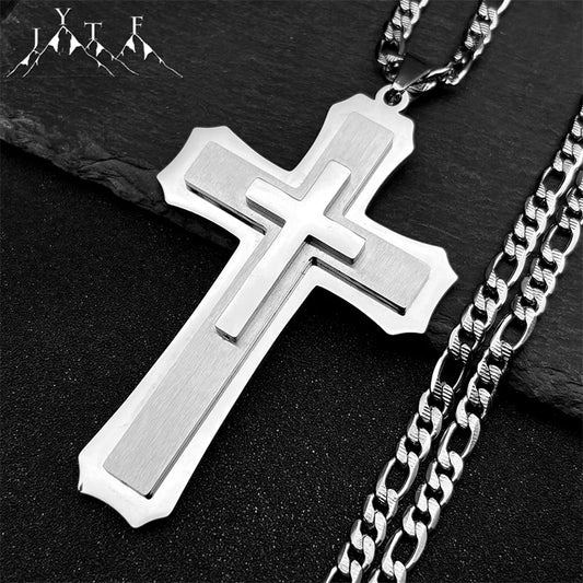 Big Jesus Christian Cross Pendant Necklace for Man Women Stainless Steel Silver Color Link Figaro NK Chain Male Collier Jewelry