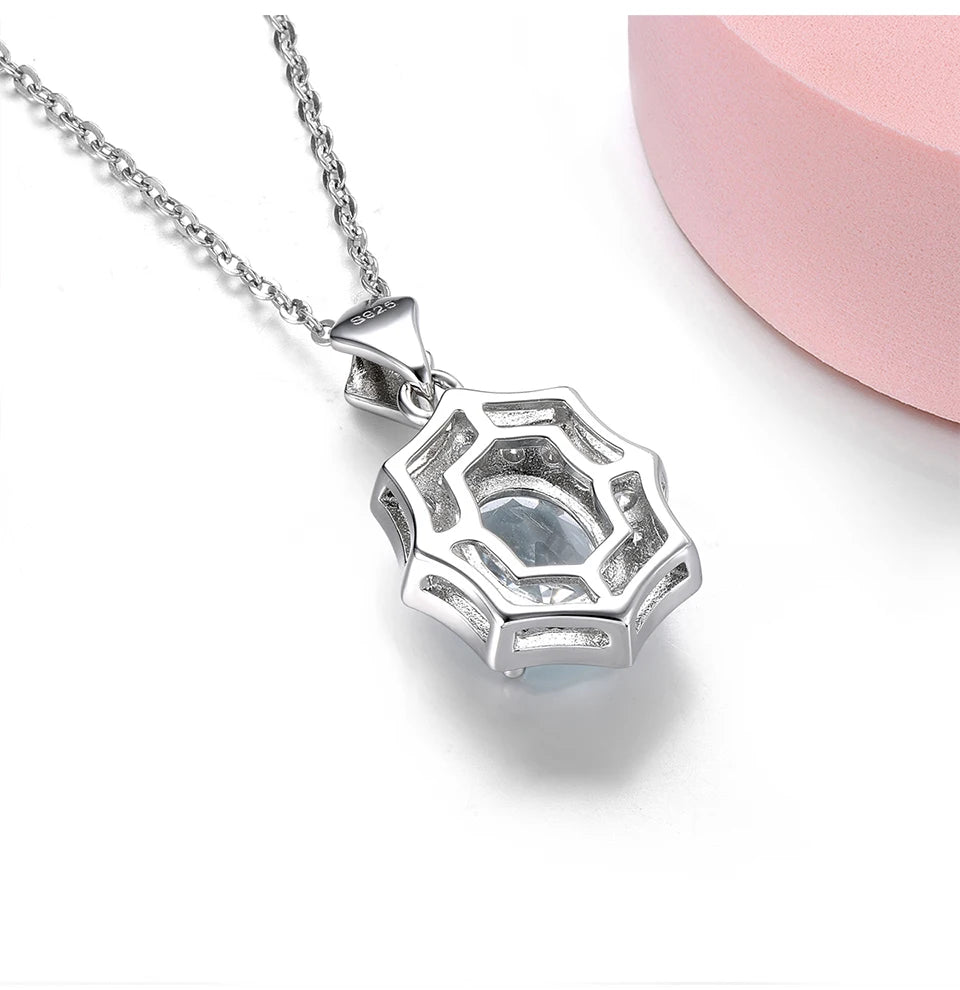 Natural Aquamarine Sterling Silver Pendant 1.6 Carats Genuine Light Blue Gemstone Classic Simple Design S925 Birthday Gifts