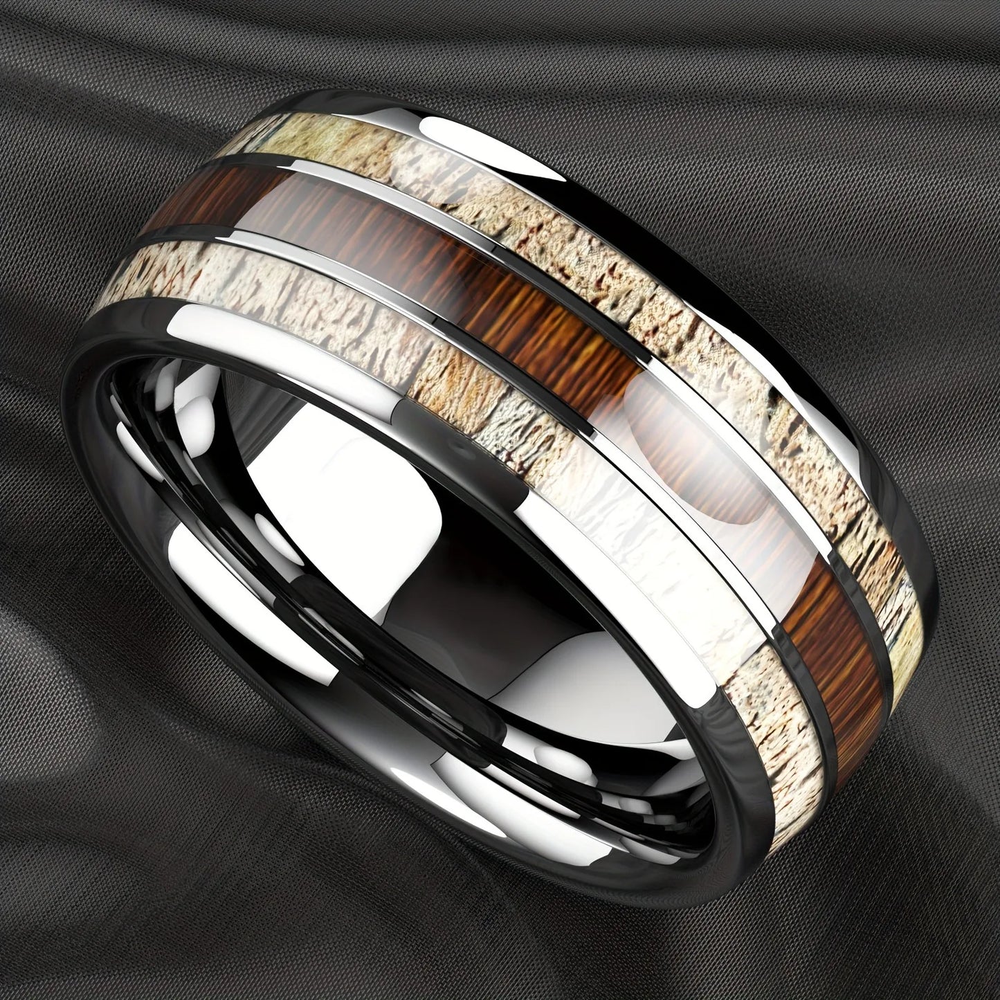 Fashion 8mm Rose Gold Color Stainless Steel Guitar String Rings for Men Koa Wood Inlay Ring Whiskey Barrel Mens Wedding Band