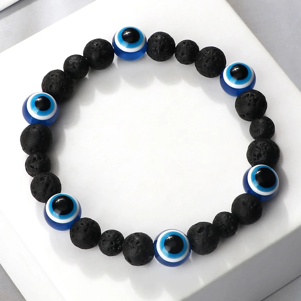 Blue Evil Eye Beaded Bracelets Natural Cat Eye Stone 6 8mm Opal Men Bangles Adjustable Women Bracelet Lucky Yoga Jewelry Gifts