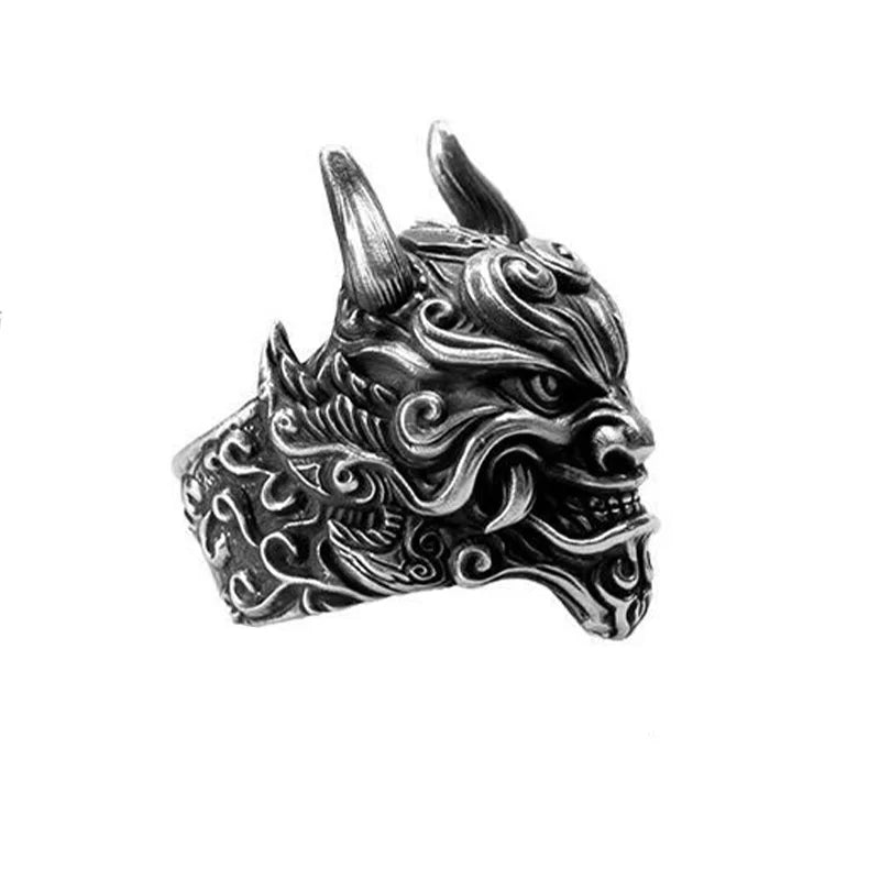 Retro Mahakala Mask Ring For Men Silver Color Punk Gothic Rock Hiphop Adjustable Open Ring Handmade Jewelry Biker Accessories