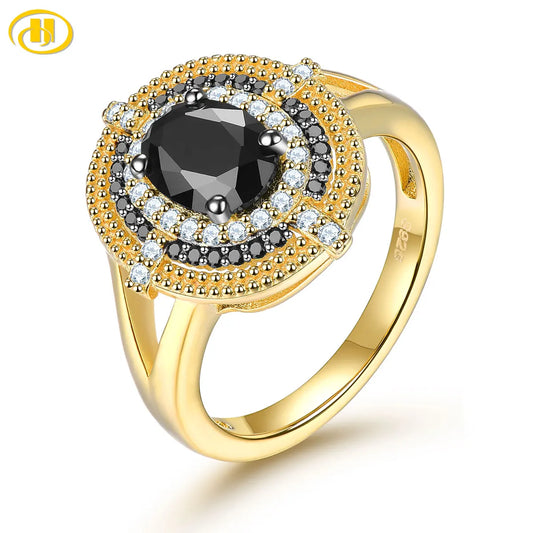 Natural Black Spinel Sterling Silver Rings Yellow Gold Plated 1.6 Carats Genuine Gemstone Women Classic Jewelry Original Design