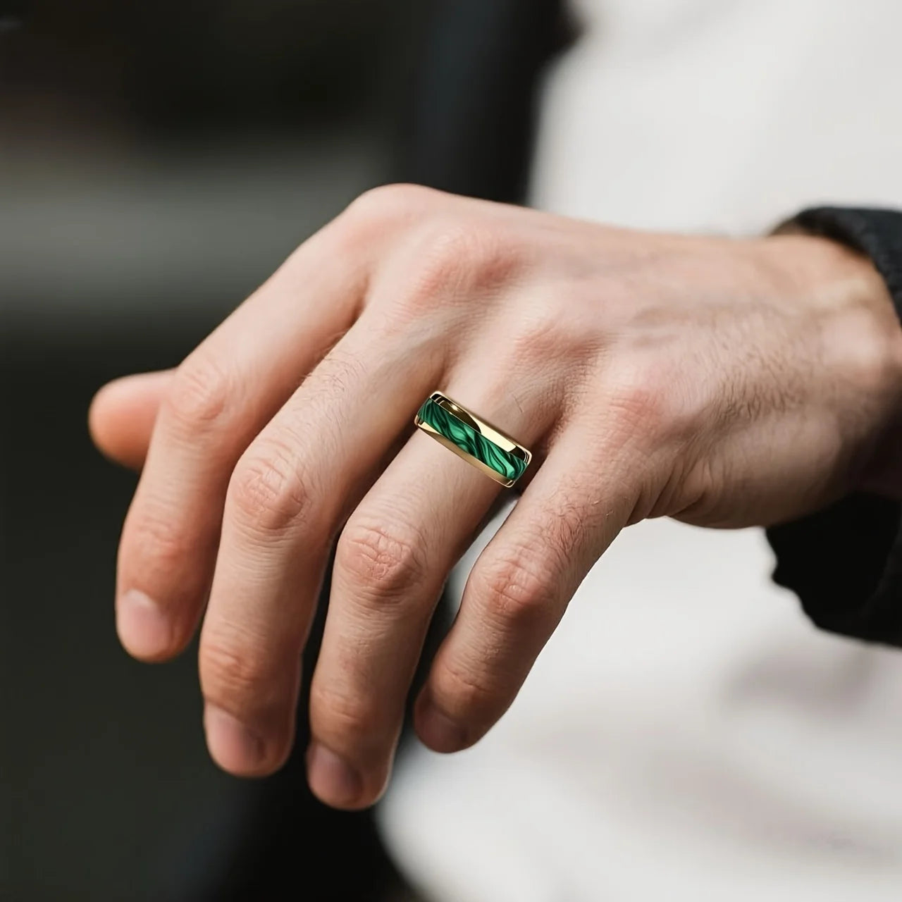 Fashion 8MM Men Domed Green Abalone Shell Inlay Stainless Steel Rings Gold Color Steel Rings For Wedding Engagement Jewelry Gift