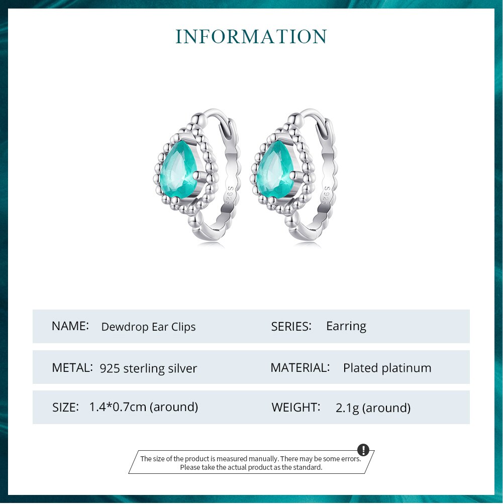 Bamoer Authentic 925 Sterling Silver Blue-green Dewdrop Ear Buckles for Women Birthday Gift Pave Setting CZ Fine Jewelry BSE783