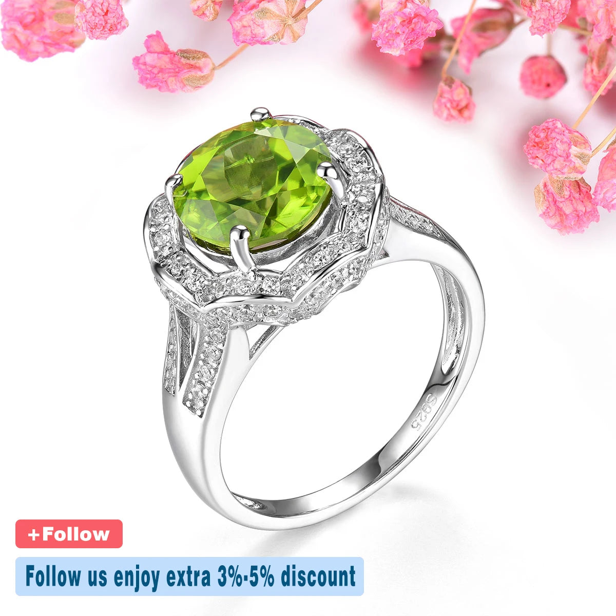 Natural Peridot Sterling Silver Ring 3.2 Carats Genuine Gemstone Women Classic Flower Design S925 Rhodium Plated Anniversary