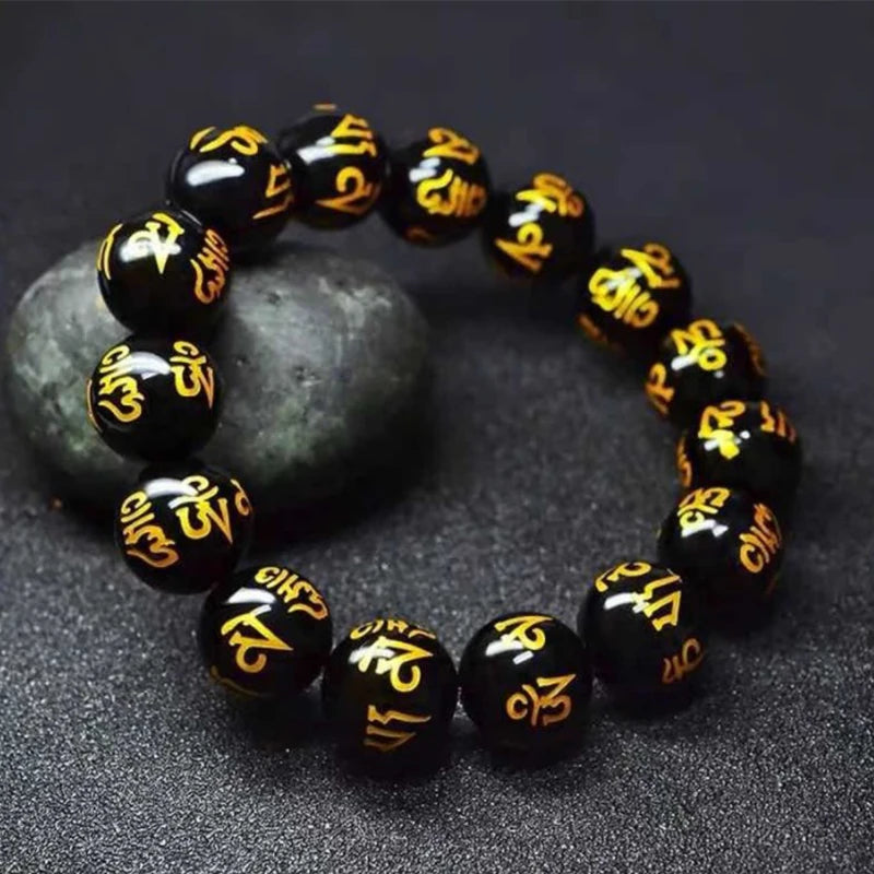 Tibetan Buddhism Six Words Mantra Bracelets For Men Women Black Obsidian Amulet Lucky Bangles Jewelry With Gift Box