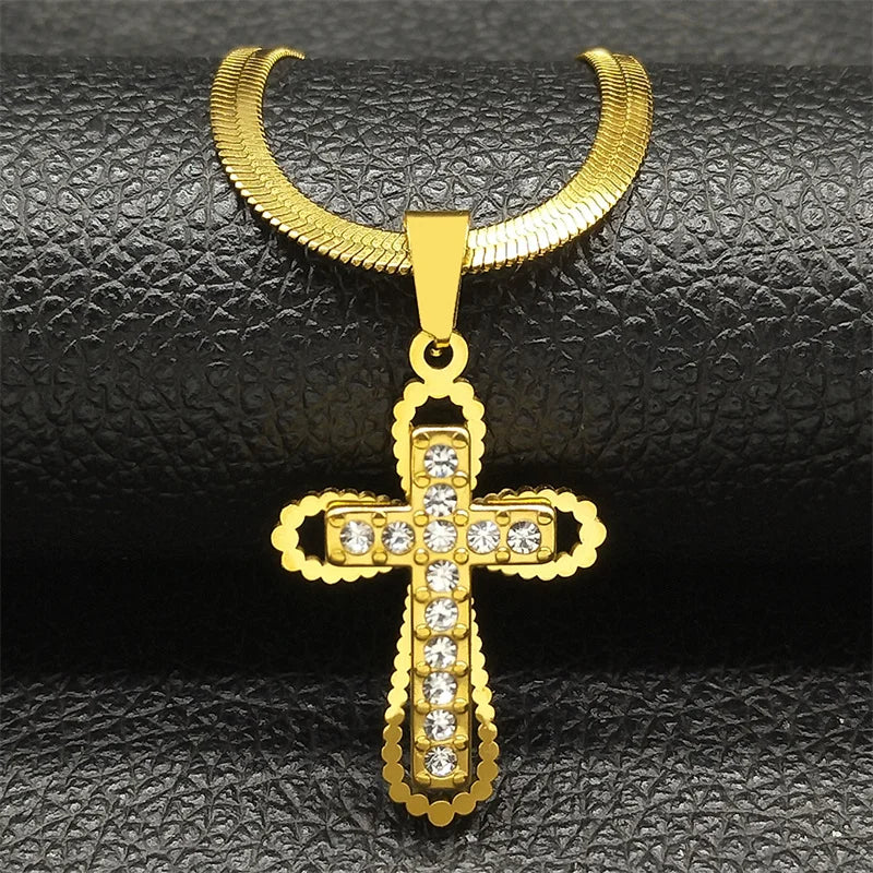 Vintage Shiny Zircon Jesus Cross Religious Amulet Necklace Women Stainless Steel Clavicle Snake Chain Choker Necklaces Jewelry