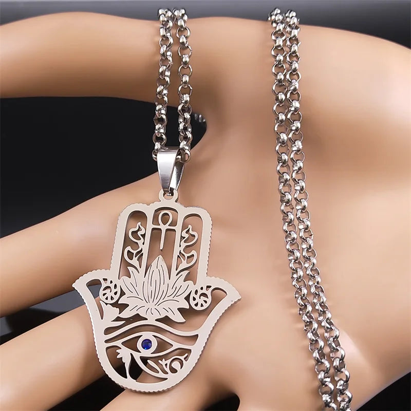 Hamsa Hand of Fatima Lotus Flower Eye of Horus Necklace Women Stainless Steel Silver Color Ankh Key of Life Necklaces Jewelry
