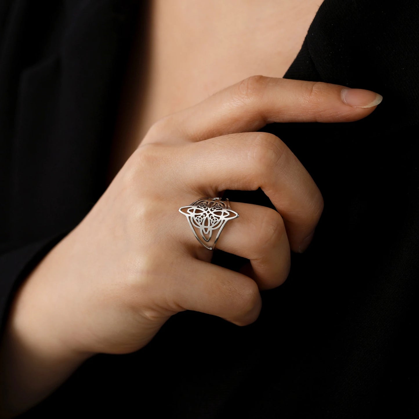 LIKGREAT Witch Knot Ring for Women Men Hollow Stainless Steel Finger Rings Celtic Vintage Amulet Protection Couple Jewelry Gifts