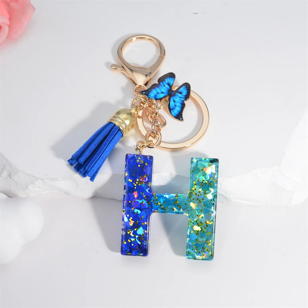 Sea Blue A To Z 26 Letter Keychain Women Wallet Charms 26 Initials Alphabet Butterfly Tassel Pendant With Key Rings Jewelry Gift H 55mm