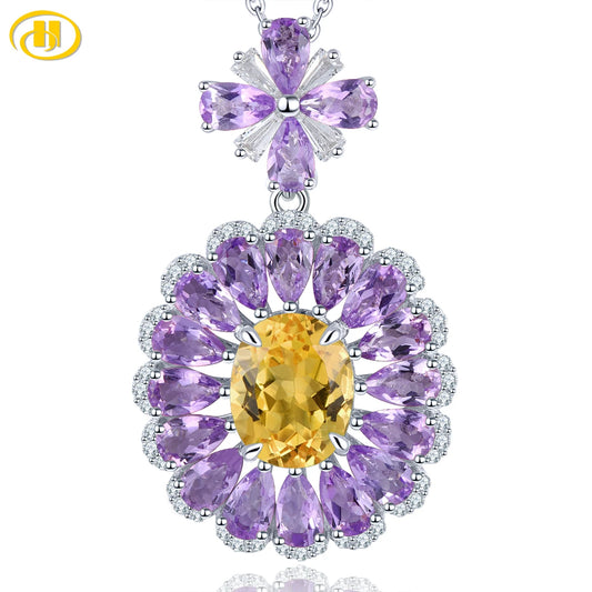 Natural Pink Amethyst Citrine Sterling Silver Pendant 6.5 Carats Genuine Multicolor Gemstone Women Gorgerous Luxury Fine Jewelry