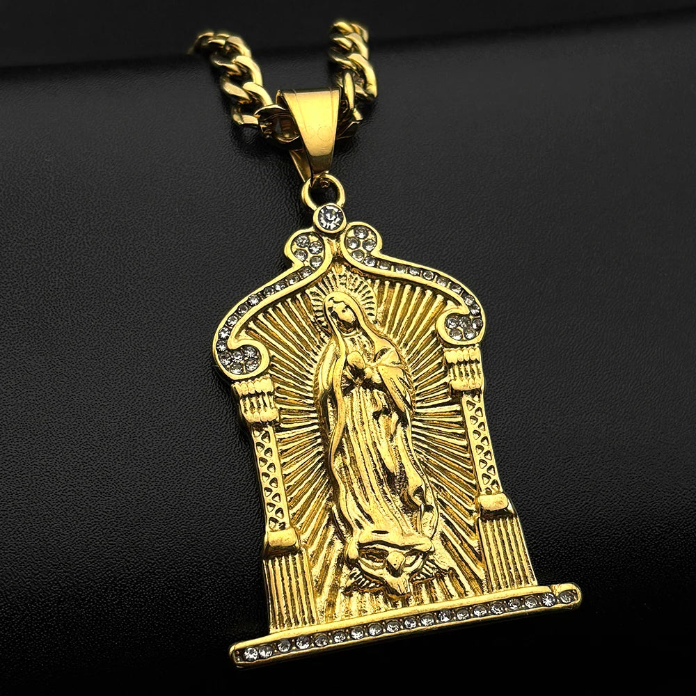 Catholic Virgin Mary Medal Rhinestones Pendant Necklace for Women Men Gold Color Stainless Steel Chain Amulet Jewelry Gift
