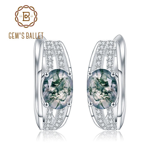 GEM'S BALLET 6x8mm Natural Moss Agate Gemstone Stud Earrings in 925 Sterling Silver Dainty Birthstone Earrings Gift For Her