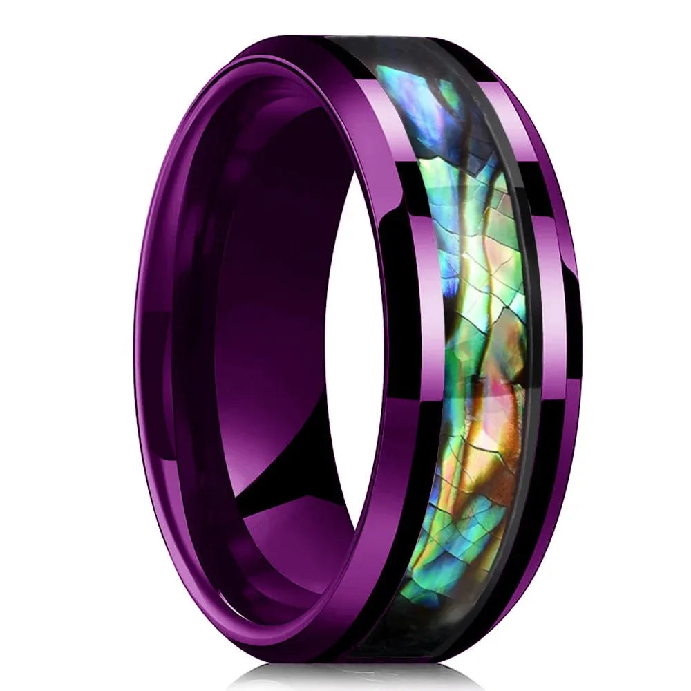 Fashion 8mm Men Silver Color Stainless Steel Rings Inlay Rainbow Abalone Shell Rings For Men Women Wedding Band Jewelry Gifts