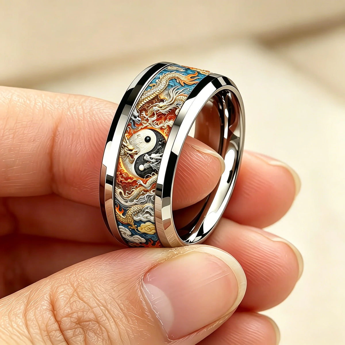 Vintage Dragon Yin Yang Tai Chi Cloud Flame Pattern Inlay Stainless Steel Rings for Men Women Lucky Totem Wedding Band Jewelry