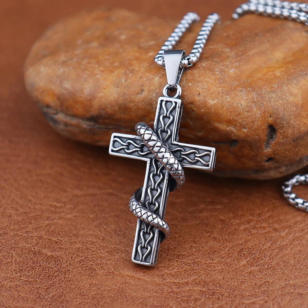 Gothic Religious Creative Snake Cross Neckalce for Men Gift Stainless Steel Vintage Punk Snake Pendant Halloween Amulet Jewelry