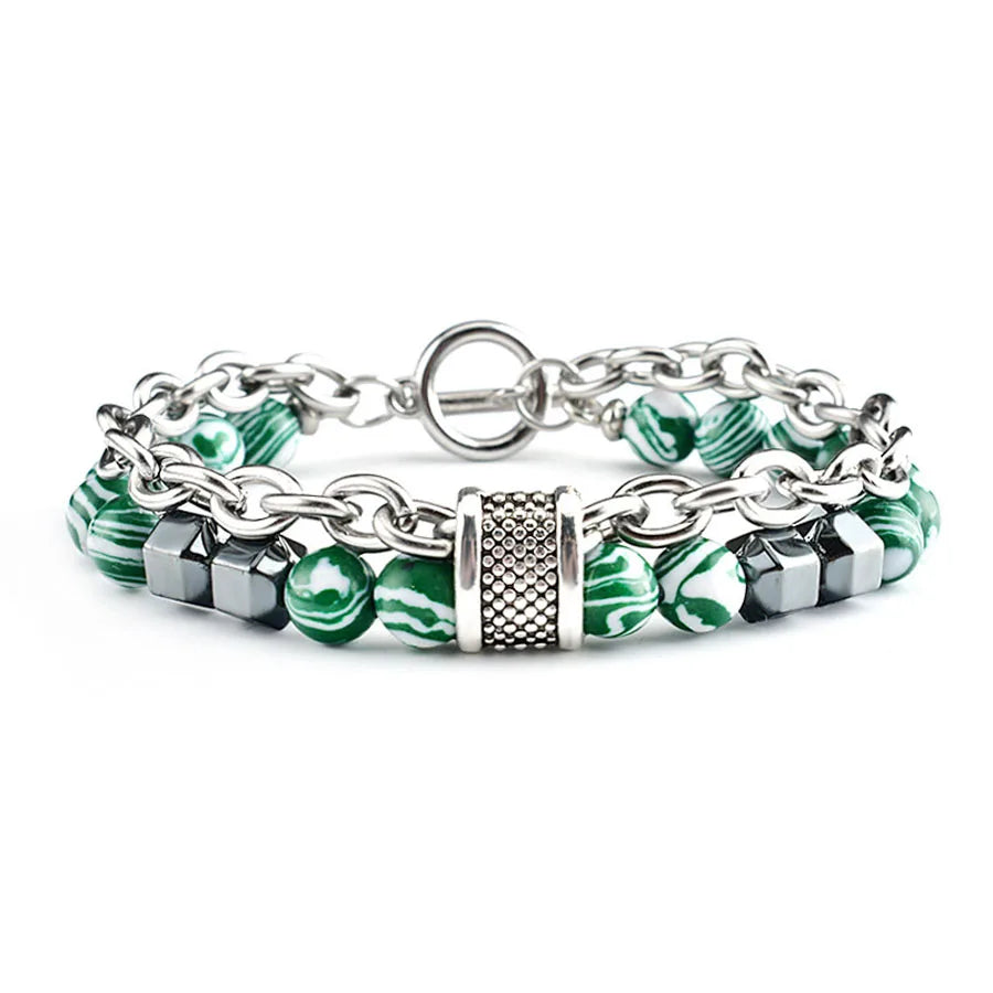 Elviragirl 1Pc Stainless Steel Chain Artificial Malachite Stone Men's Bead Bracelet Natural Stone Bracelet