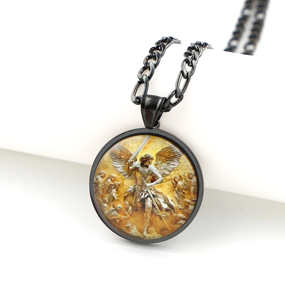 Archangel SAINT MICHAEL PROTECT US Glass Cabochon Medal Pendant Necklace Stainless Steel Gold Plated Christian Amulet Jewelry