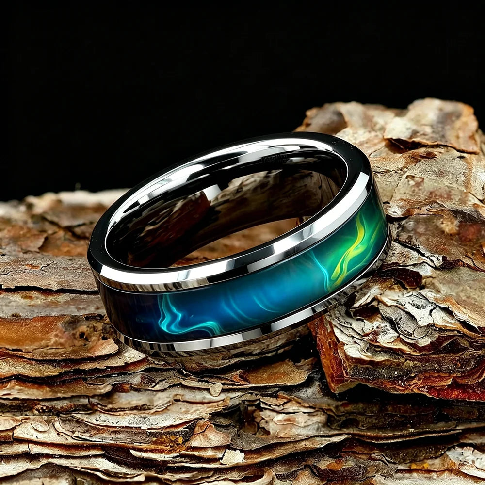 With Blue-Green Gradient Nebula Pattern Rings, 8mm Cosmic Starry Sky Stainless Steel Men Ring, Wedding Band Jewelry Drop Ship