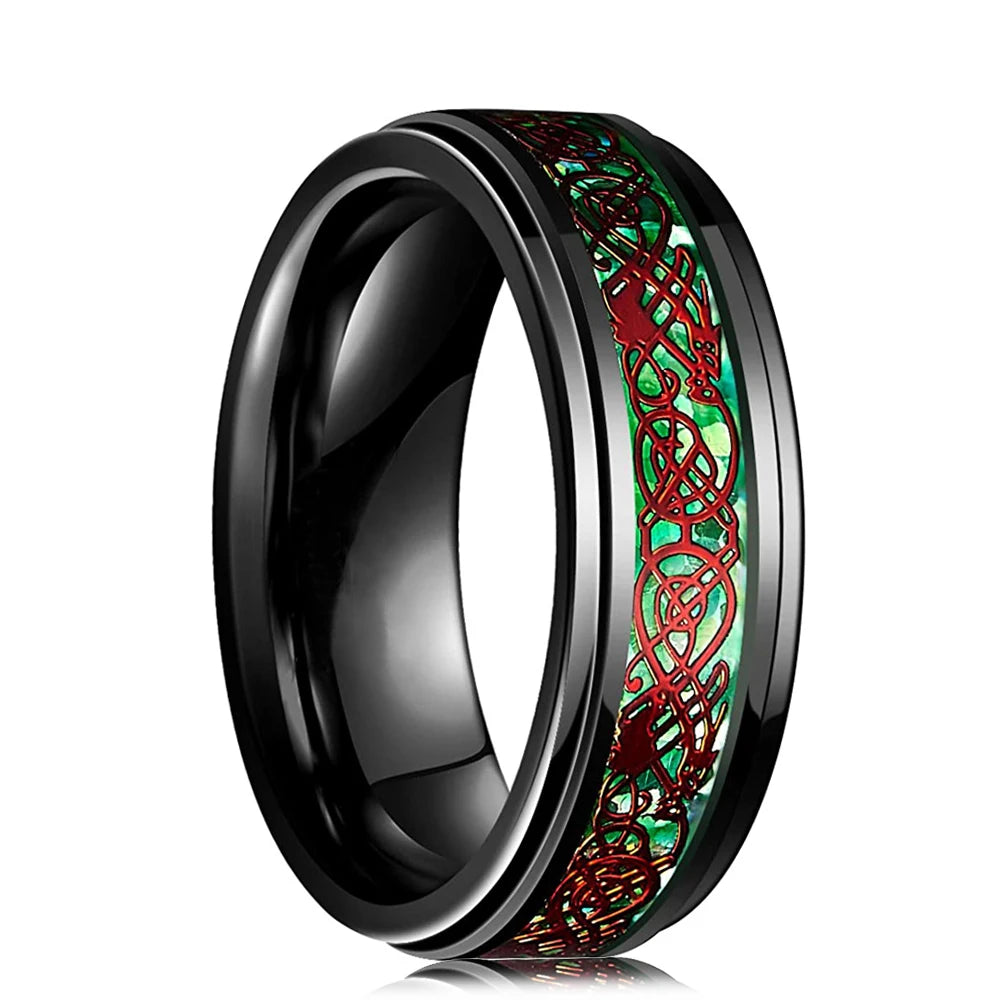 21 Colors 8mm Men's Stainless Steel Celtic Dragon Ring Inlay Red Green Black Carbon Fiber Ring Wedding Band Jewelry Size 6-13