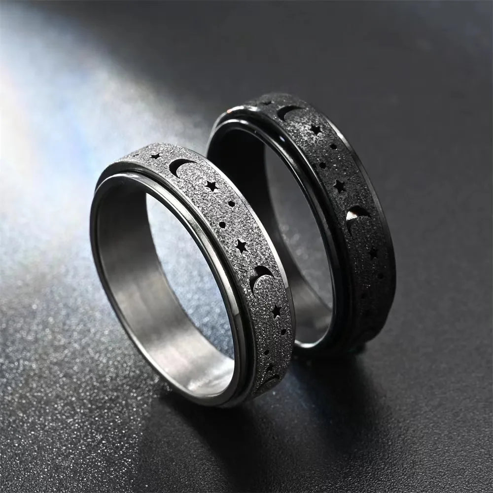 Frosted Stainless Steel Moon And Star Fidget Rings For Women Men Anti Stress And Anxiety Rotating Ring Metal Spinner Ring
